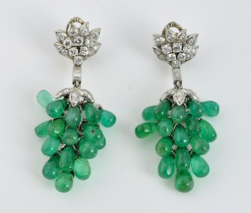 Pr. Emerald, Diamond & Cabochon Earrings