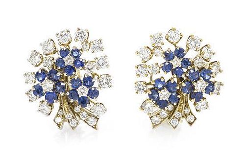 A Pair of Vintage Platinum, Sapphire and Diamond Earclips, 14.00 dwts.