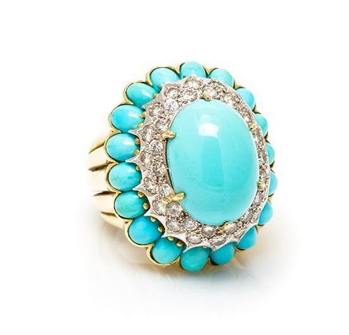 An 18 Karat Yellow Gold, Turquoise and Diamond Ring, La Triomphe, 19.60 dwts.