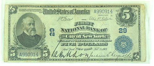 United States of American $5.00 dollar bill. 1903.