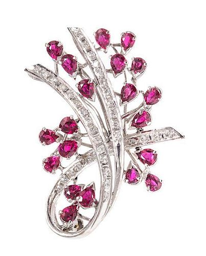 A White Gold, Ruby and Diamond Brooch, 6.10 dwts.
