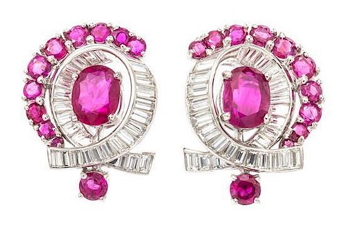A Pair of Platinum, Diamond and Ruby Earclips, Circa 1950, 8.70 dwts.