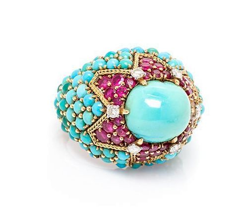 An 18 Karat Yellow Gold, Turquoise, Ruby and Diamond Bombe Ring, Marchak, Paris, 13.00 dwts.