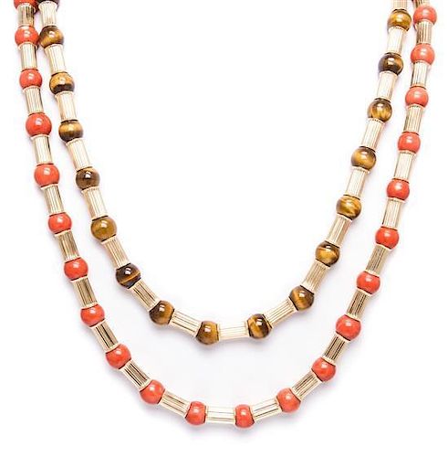 A Collection of Yellow Gold, Coral and Tigers Eye Quartz Bead Necklaces, 87.20 dwts.