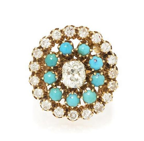A 14 Karat Yellow Gold, Diamond and Turquoise Ring, 9.05 dwts.
