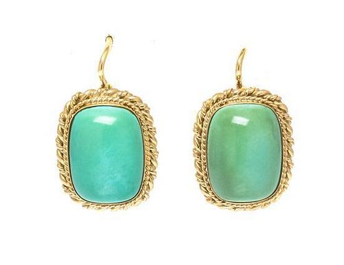 A Pair of 18 Karat Yellow Gold and Turquoise Earrings, 7.10 dwts.