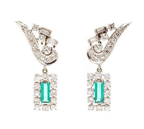 A Pair of White Gold, Diamond and Emerald Earrings, 4.90 dwts.