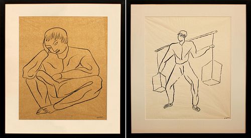 Two Ink Drawings, Man Sitting and Laboring Man