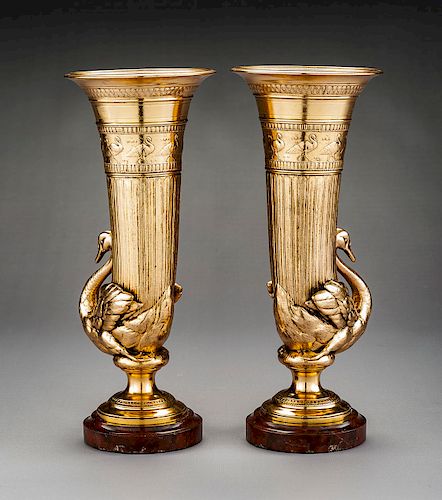 Pair of Gilt Swan Vases on Rose Marble Bases