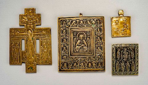 4 Brass Russian Travel Icons incl Crucifix