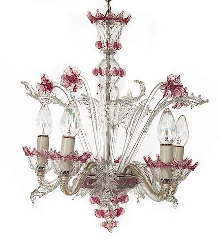 Pink and Clear Venetian Blown Glass Chandelier