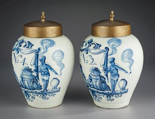 Pair of Early Delft Tobacco Jars Marked DWS