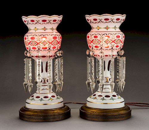 Pair of Bohemian Pink Cased Glass Lustres