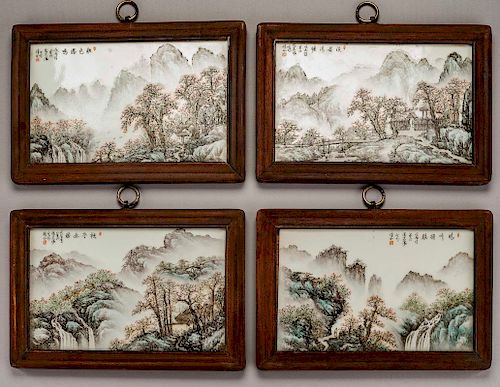 4 Chinese Porcelain Plaques Mountain Scenes