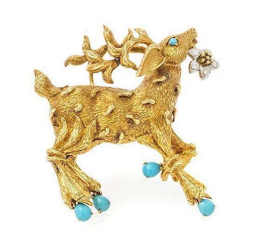 An 18 Karat Yellow Gold, Turquoise and Diamond Reindeer Brooch, Tiffany & Co. 24.30 dwts.
