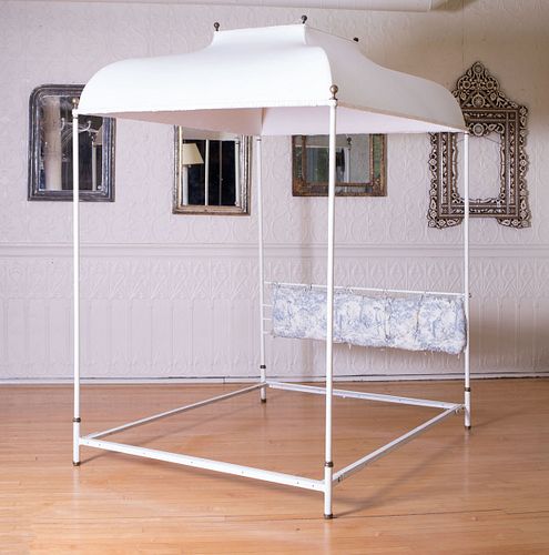 WHITE PAINTED METAL CANOPY BED FRAME