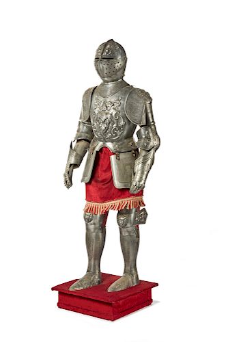 16th Century style Suit of Armor - Embossed, Engraved.  70"H on 6"H Pedestal