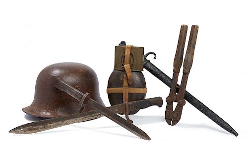 WWI Trench Relics, incl. German Helmet and Bayonets, French Wire Cutters and Bayonet, 