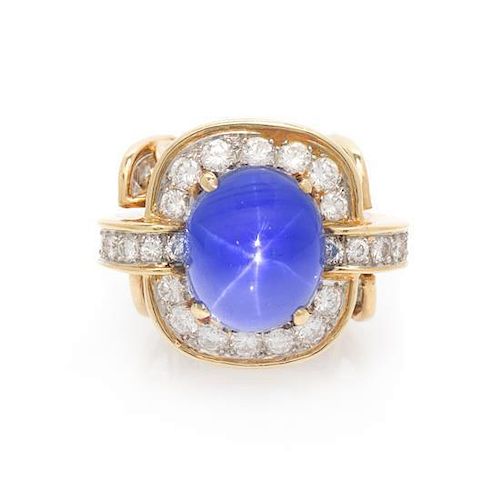 A Platinum, 18 Karat Yellow Gold, Star Sapphire and Diamond Ring, Tiffany & Co., 15.50 dwts.