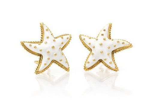 A Pair of 18 Karat Yellow Gold and Enamel Earclips, 21.10 dwts.