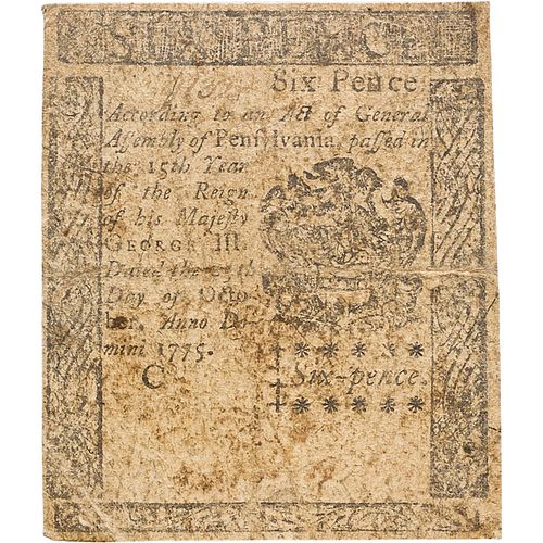 1775 PENNSYLVANIA COLONIAL NOTE 6 PENCE