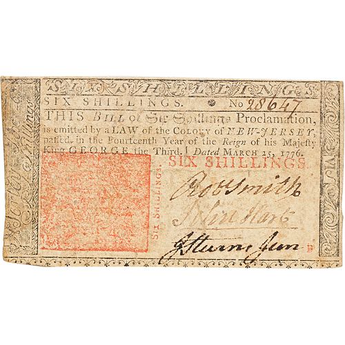1776 NEW JERSEY COLONIAL NOTE 6 SHILLINGS