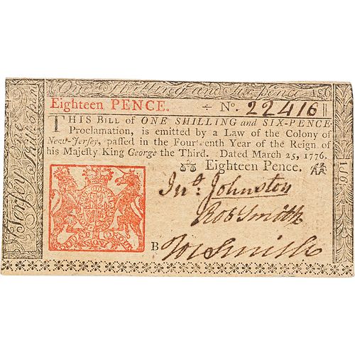 1776 NEW JERSEY COLONIAL NOTE 18 PENCE