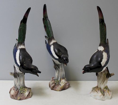 MEISSEN. 3 Large Signed Porcelain Magpie Birds.