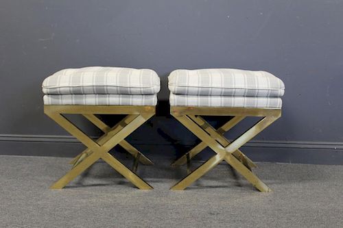 Pair Of X Form Brass Stools with Cushions.