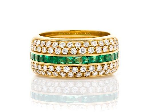 An 18 Karat Yellow Gold, Diamond and Emerald Band Ring, 5.10 dwts.