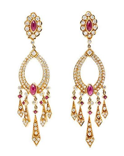 A Pair of 18 Karat Yellow Gold, Diamond and Ruby Chandelier Earrings, 18.50 dwts