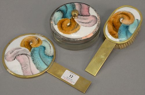Three piece 10 karat gold plated and enameled dresser set
