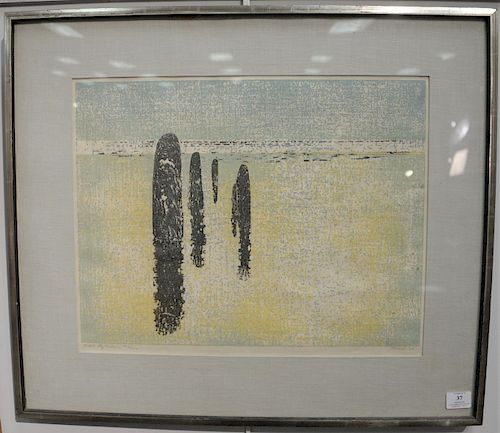 Glen Krause (1914-1981), woodblock, Tidal Reflections 1963, signed and dated lower right: Krause 63', titled and numbered lower righ...