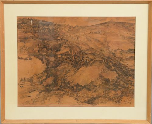 Anna Ticho (1894-1980), pencil on paper, "Jerusalem", mountain landscape, signed, titled, and dated lower right: A. Ticho, Jerusalem...