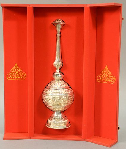 Arabic silver incense burner in original fitted box. height 12 1/2 inches.   Provenance: Estate of Peggy & David Rockefeller hav...
