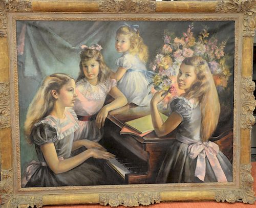 Jean Denis Maillard (1901-1993), oil on canvas, four young girls with flowers and piano, signed bottom center: Denis Maillard, 40" x...