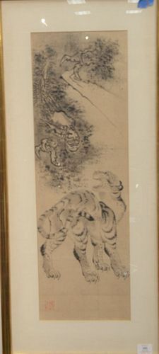 Black and grey wash painting of nine three clawed dragons and tiger watercolor on paper, possibly 19th century or older. sight size...