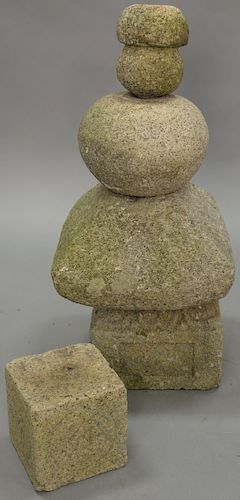 Two piece lot to include a four tier stone sculpture having carved base and a carved stone block.  height 30 inches and 15 inches...