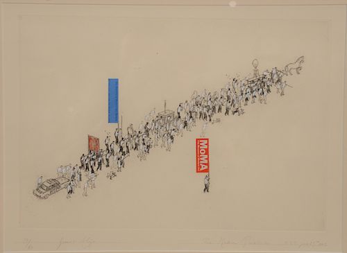 Francis Alys (b. 1959), drypoint etching with collage and opaque white, "The Modern Procession", one figure holding a Museum of Mode...