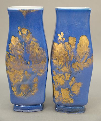 Pair of Sevres Mahieddine Boutaleb powder blue and gilt porcelain vases having blue ground with gold painted decoration, bearing "Se...