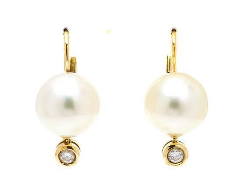 A Pair of Yellow Gold, Cultured Pearl and Diamond Earrings, 5.80 dwts.