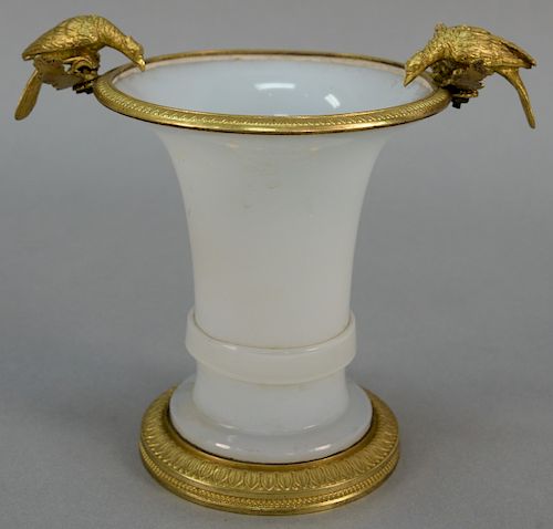 French opaline vase "Clair de Lune" cylindrical form having bronze rim, mounted with birds all on bronze foot. height 7 inches  <R...