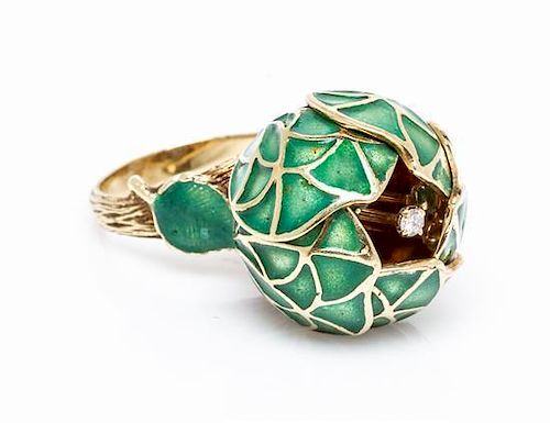 A 14 Karat Yellow Gold, Enamel, Emerald and Diamond Articulated Flower Ring, 9.90 dwts.
