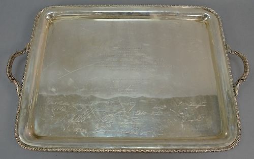 Sterling silver tray with handles, monogrammed "A. DAVID ROCKEFELLER PRESIDENTE COUNCIL FOR LATIN AMERICA", five lines in Spanish, s...