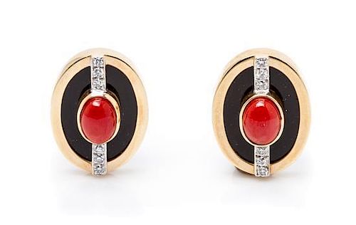 A Pair of 18 Karat Yellow Gold, Coral, Onyx and Diamond Earclips, 7.70 dwts.