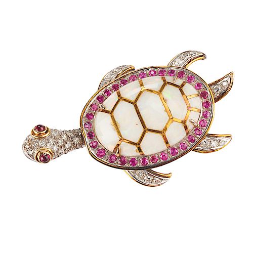 OPAL, DIAMOND & WHITE GOLD ARTICULATED TURTLE BROOCH