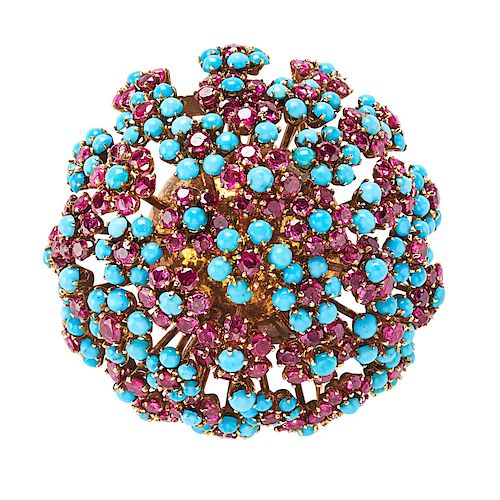 RETRO TURQUOISE, RUBY & YELLOW GOLD BOUQUET FUR CLIP