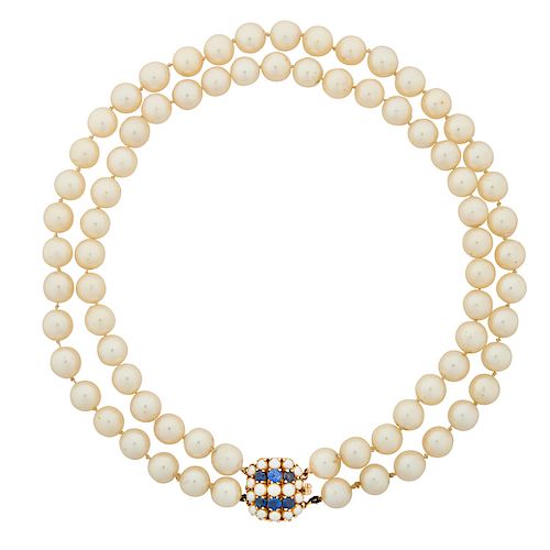 AKOYA PEARL, SAPPHIRE & YELLOW GOLD NECKLACE