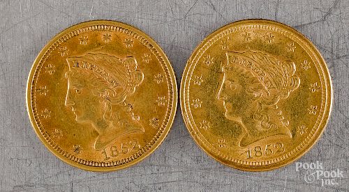Two Liberty head two and a half dollar gold coins,
