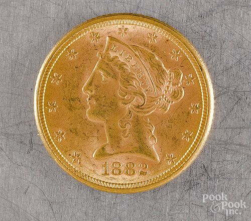 US 1882 Liberty Head five dollar gold coin.